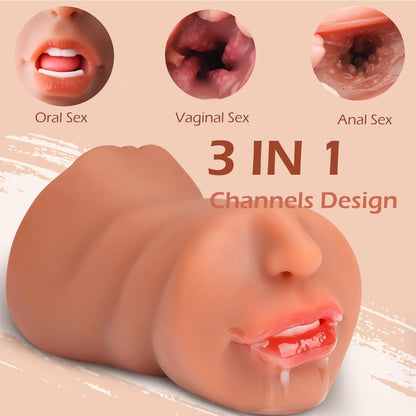 3 in 1 Pocket Pussy Male Masturbators with Lifelike Face, Sex Doll with Realistic Textured Mouth Vagina and Tight Anus, Masturbator Male Stroker Deep Throat Oral Adult Sex Toys for Men Pleasure