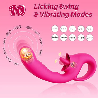 2 In 1 Tongue Licking Dildo Vibrator with Handled Clit Licker Vagina G Spot Stimulator Orgasm Sex Toy Female Masturbator