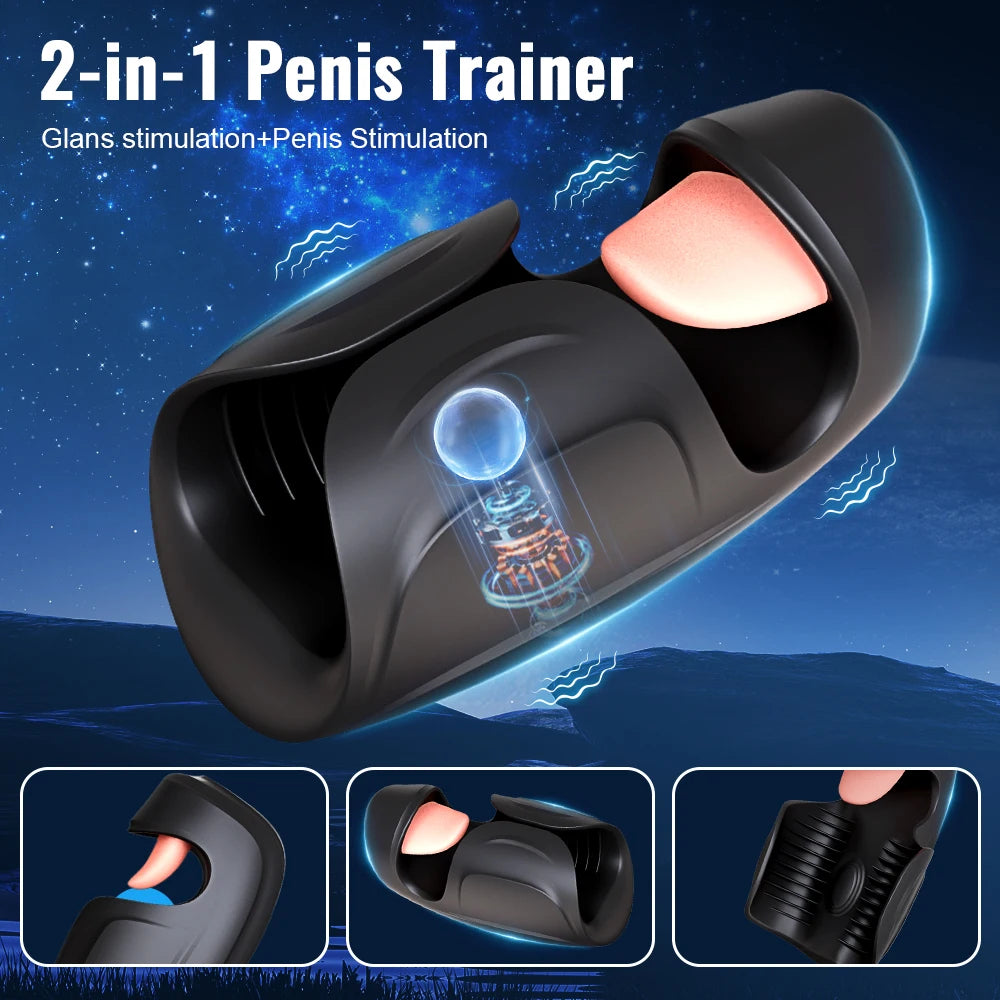 Male Masturbator Penis Training Vibrator 2 in 1 Tongue Licking & Tapping Stroker Glans Trainer Vibrating  Stimulator for Men